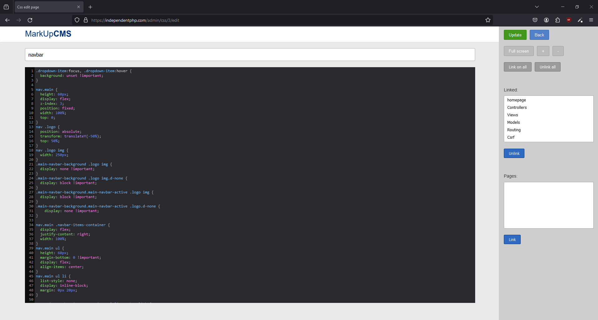 A screenshot of the css edit page in MarkUpCMS