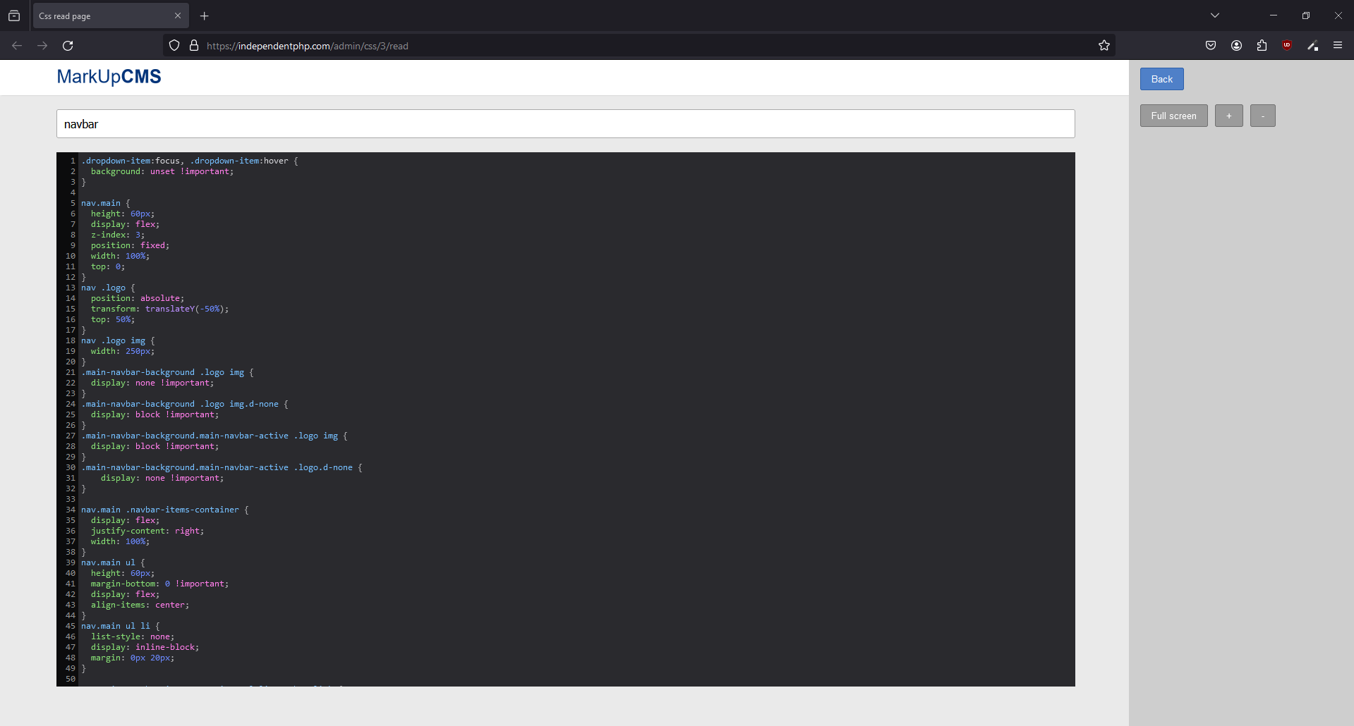 A screenshot of the css read page in MarkUpCMS