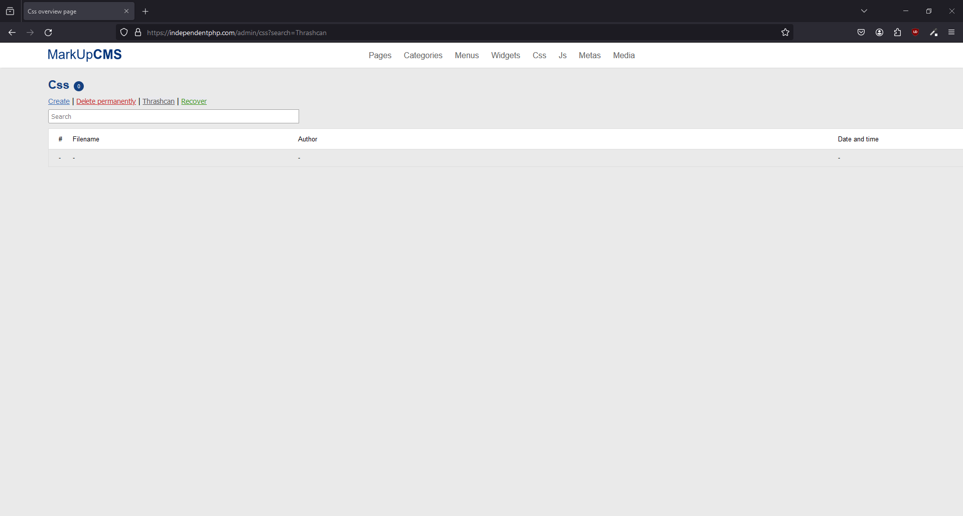 A screenshot of the css index page where the search is being used and the value is set to thrashcan in MarkUpCMS