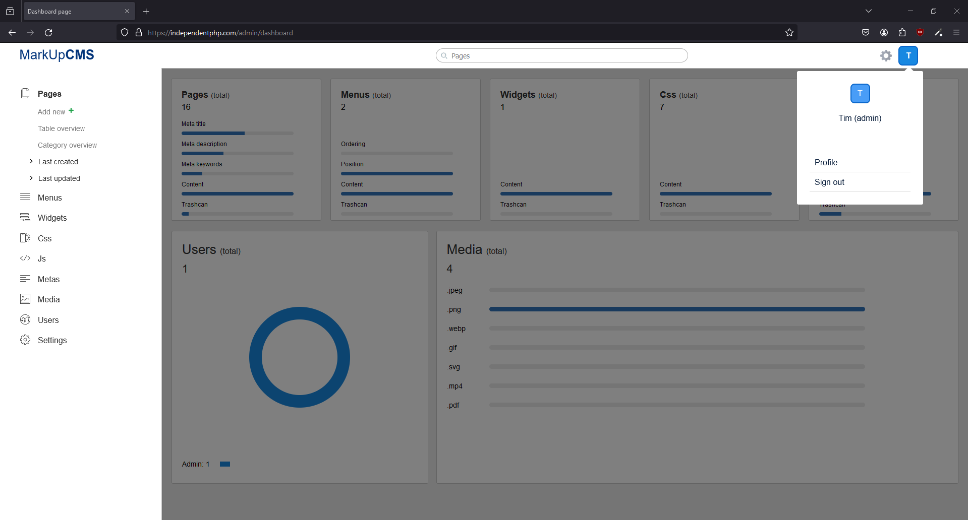 A screenshot of the dashboard where the profile section is opened in MarkUpCMS