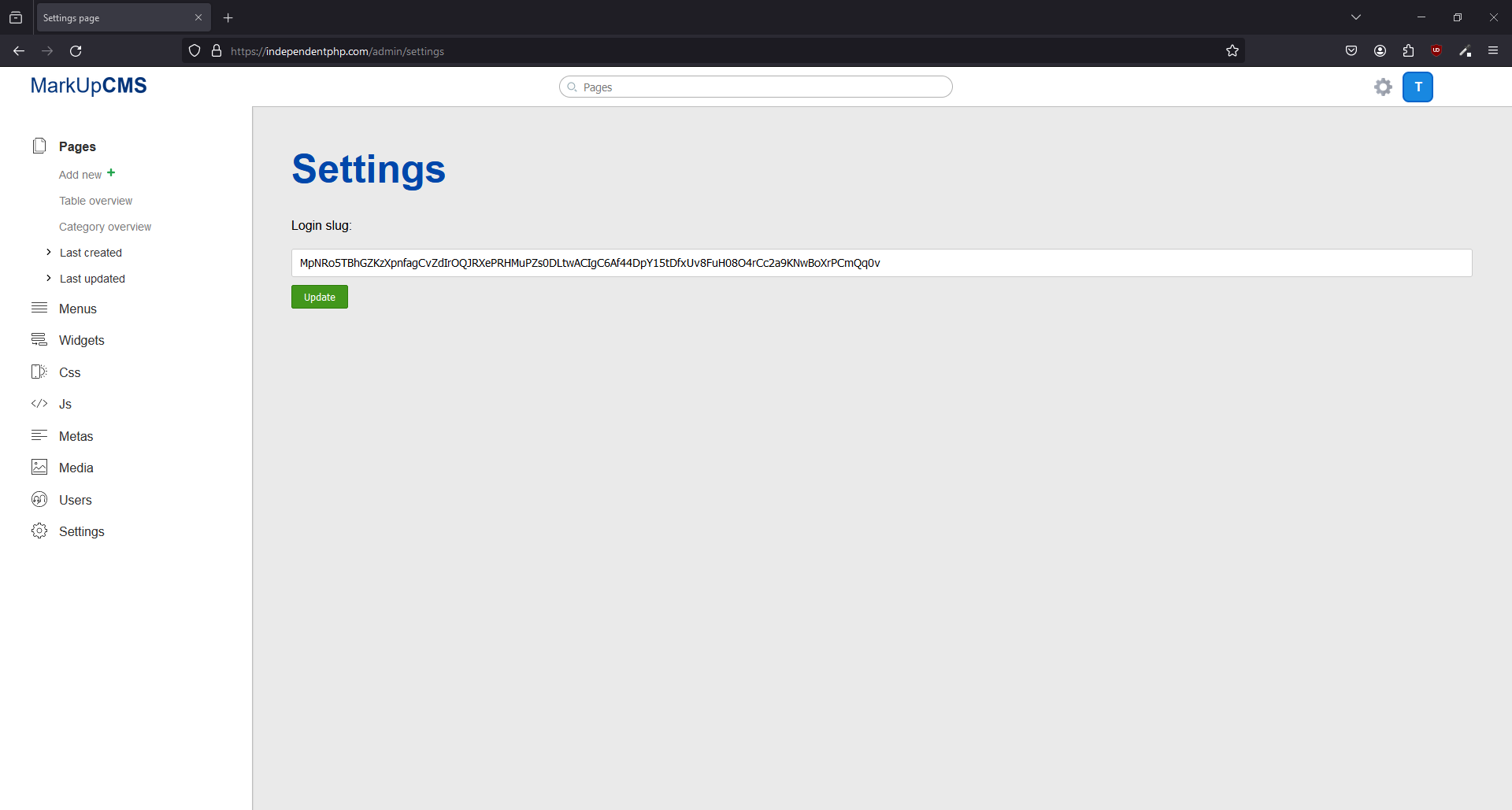 A screenshot of the dashboard where the settings section is diplayed in MarkUpCMS