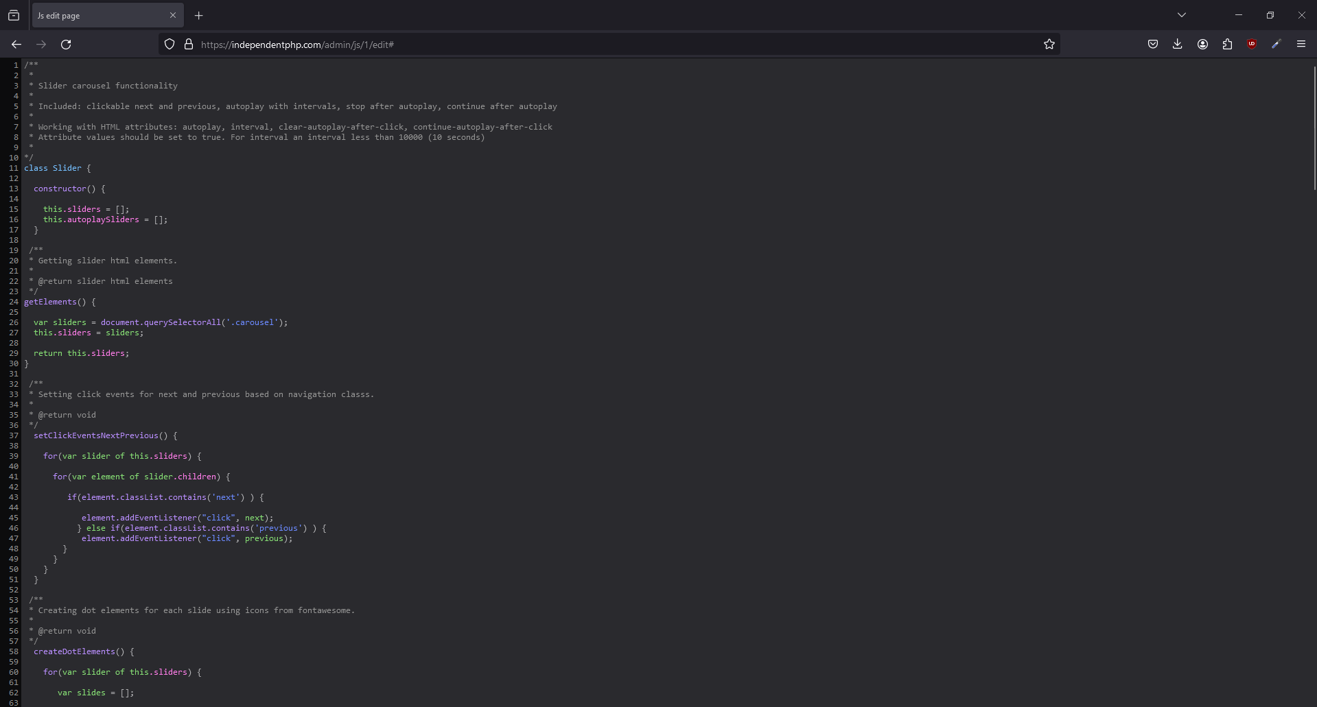 A screenshot of the js edit page on fullscreen mode in MarkUpCMS