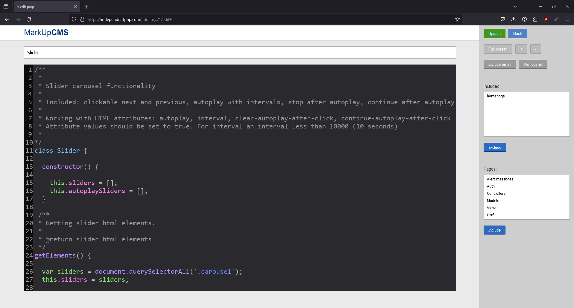 A screenshot of the js edit page on zoom mode in MarkUpCMS