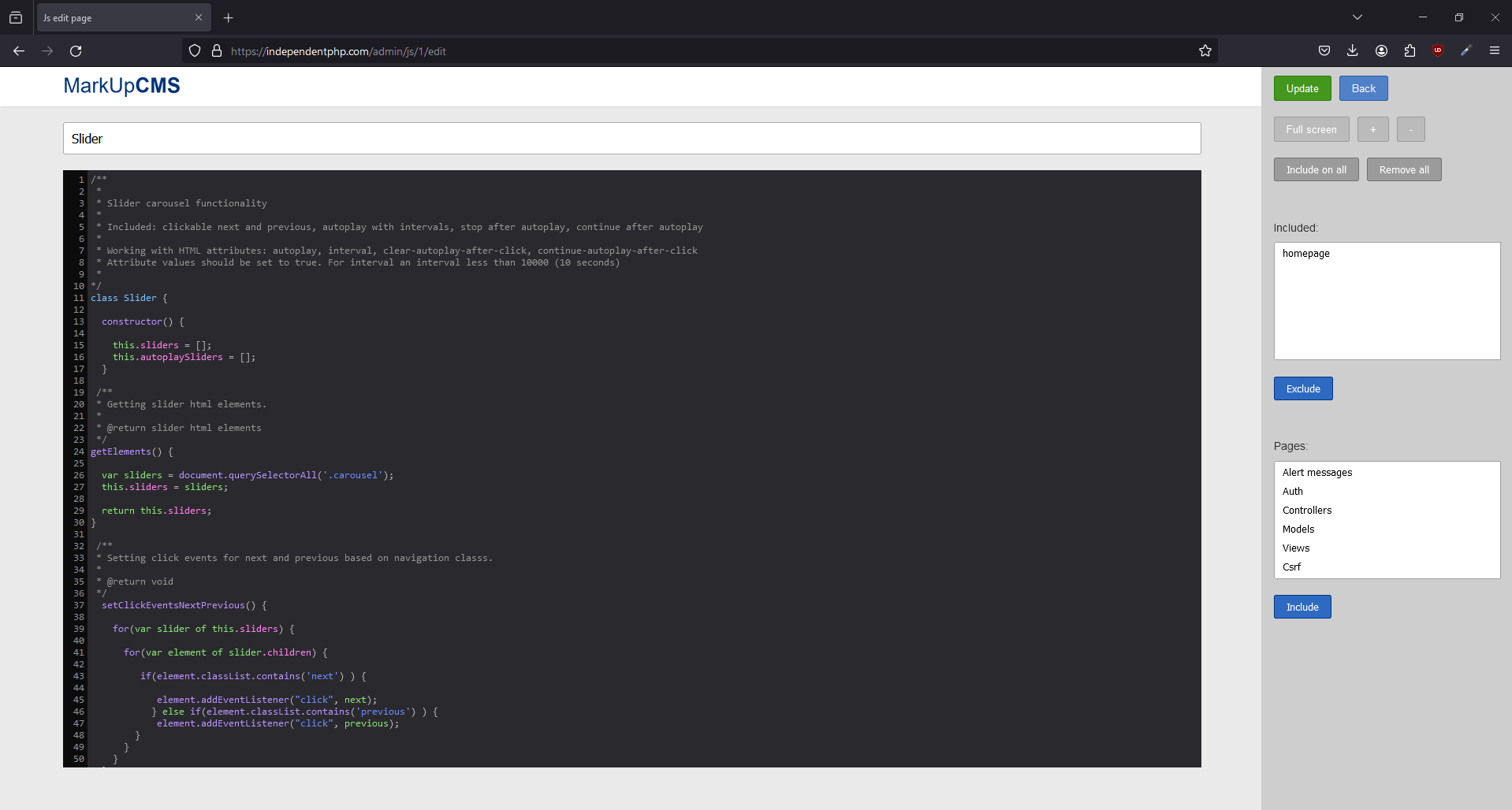 A screenshot of the js edit page in MarkUpCMS