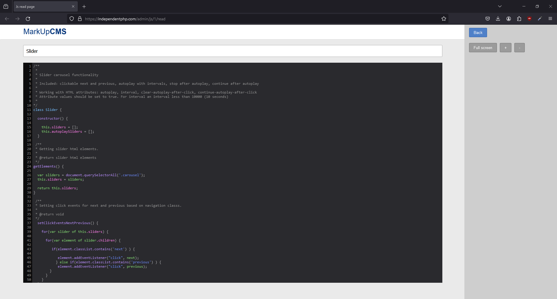 A screenshot of the js read page in MarkUpCMS