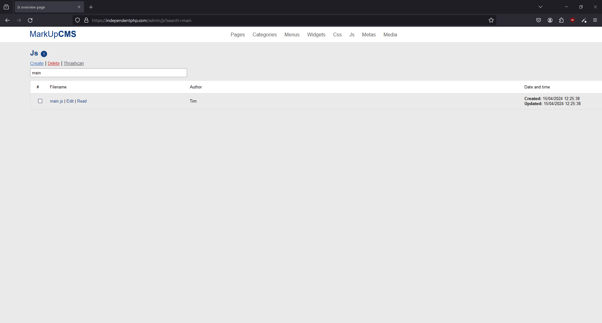 A screenshot of the js index page where the search is being used in MarkUpCMS
