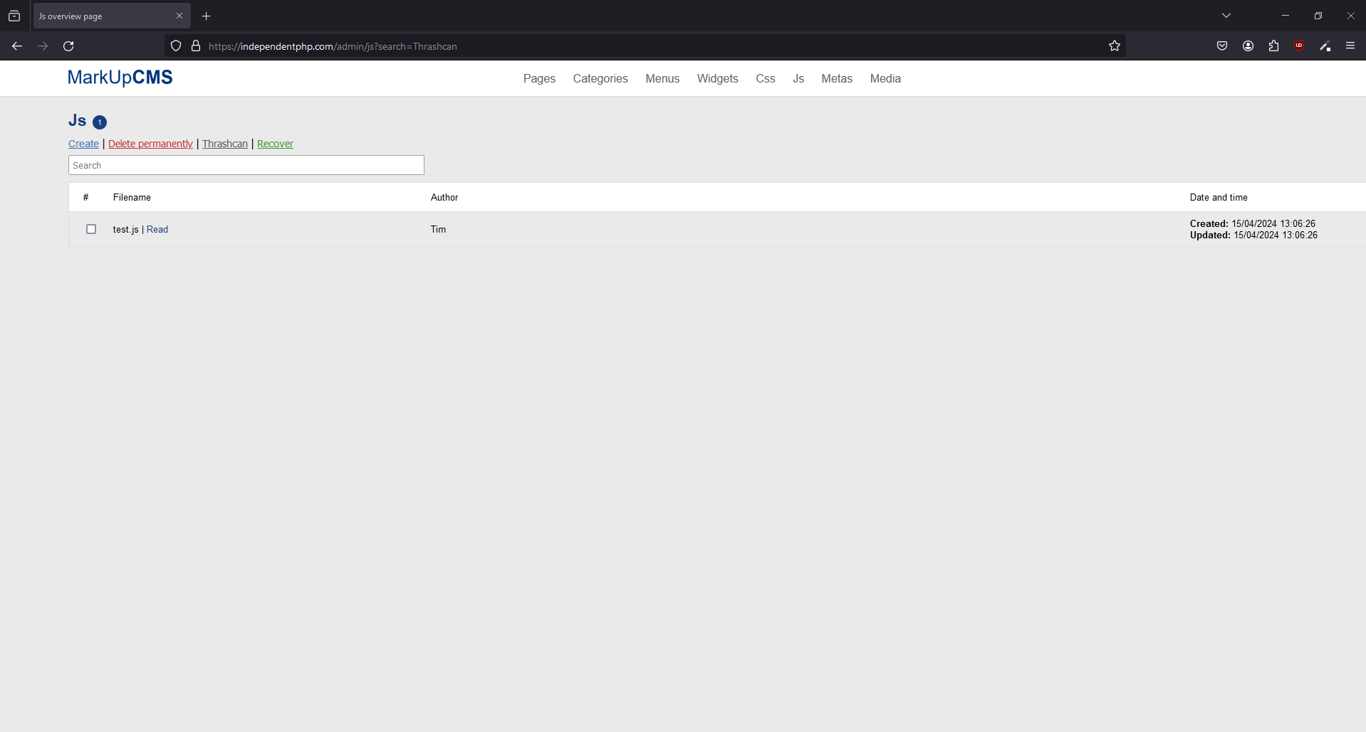 A screenshot of the js index page where the search is being used and the value is set to thrashcan in MarkUpCMS