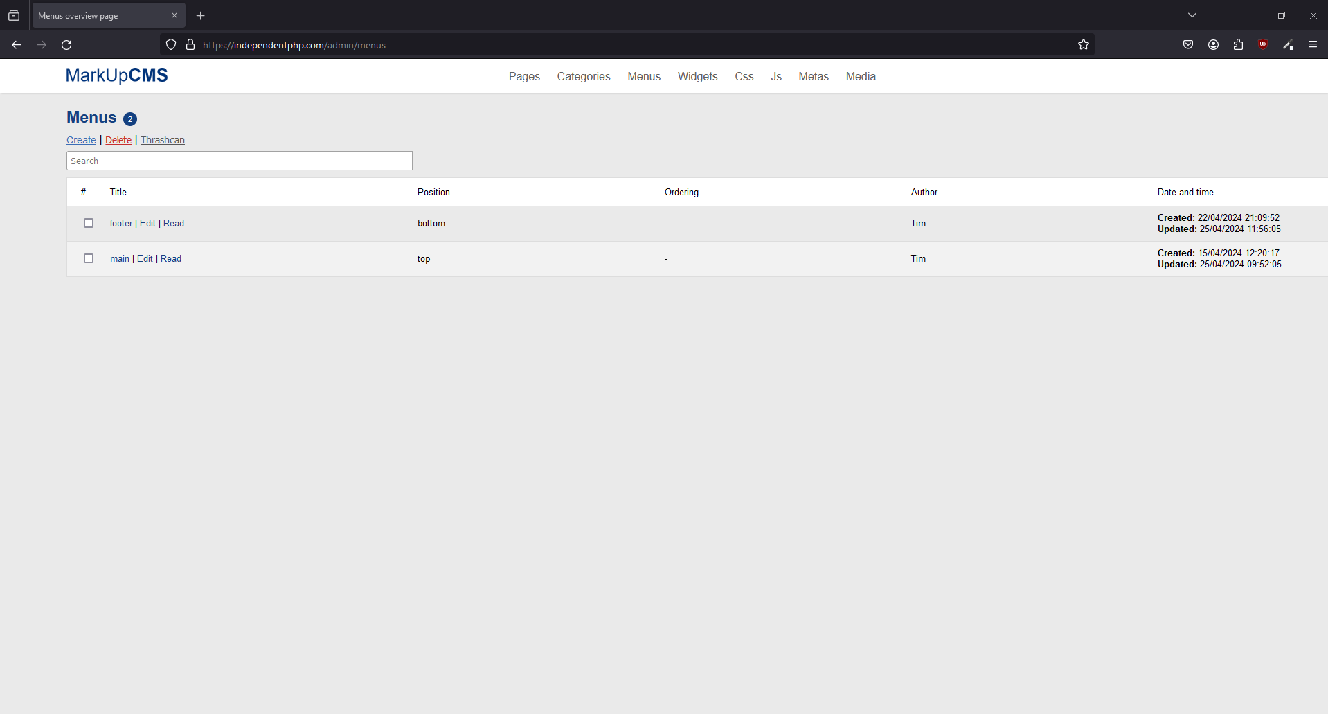 A screenshot of the menus index page in MarkUpCMS
