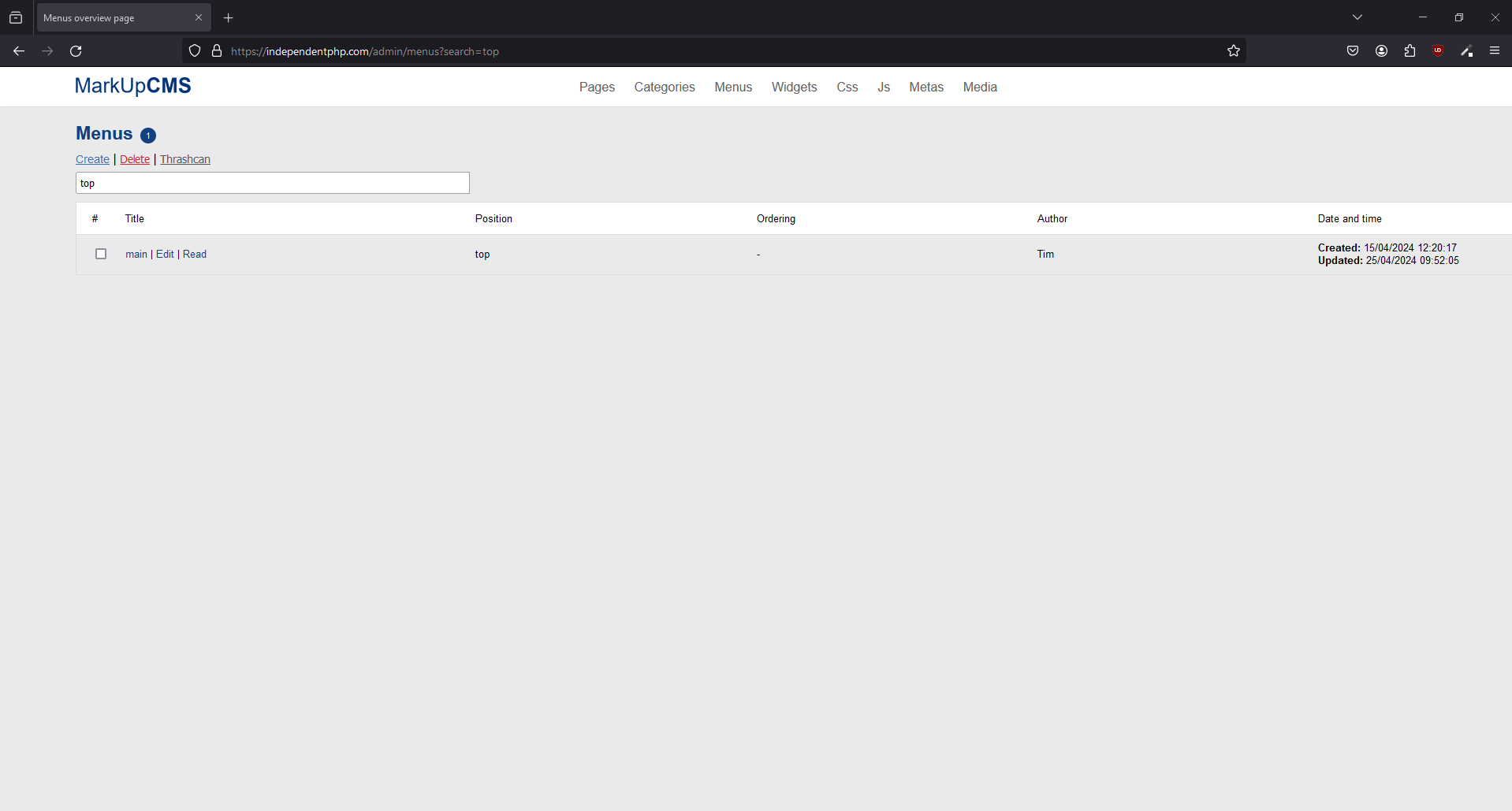 A screenshot of the menus index page where the search is being used in MarkUpCMS