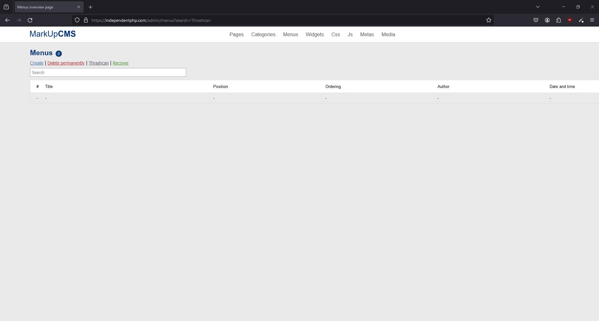 A screenshot of the menus index page where the search is being used and the value is set to thrashcan in MarkUpCMS