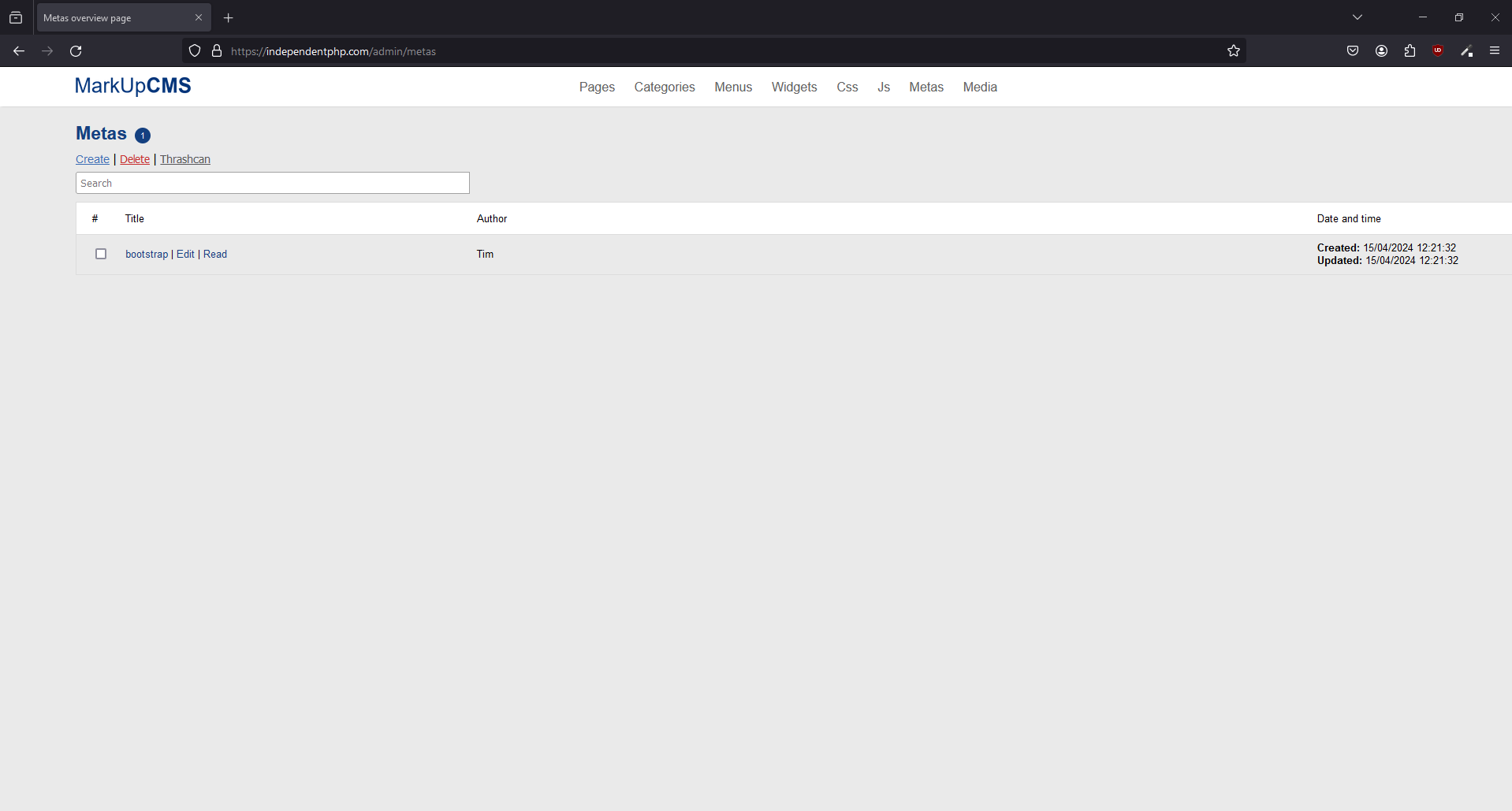 A screenshot of the metas index page in MarkUpCMS