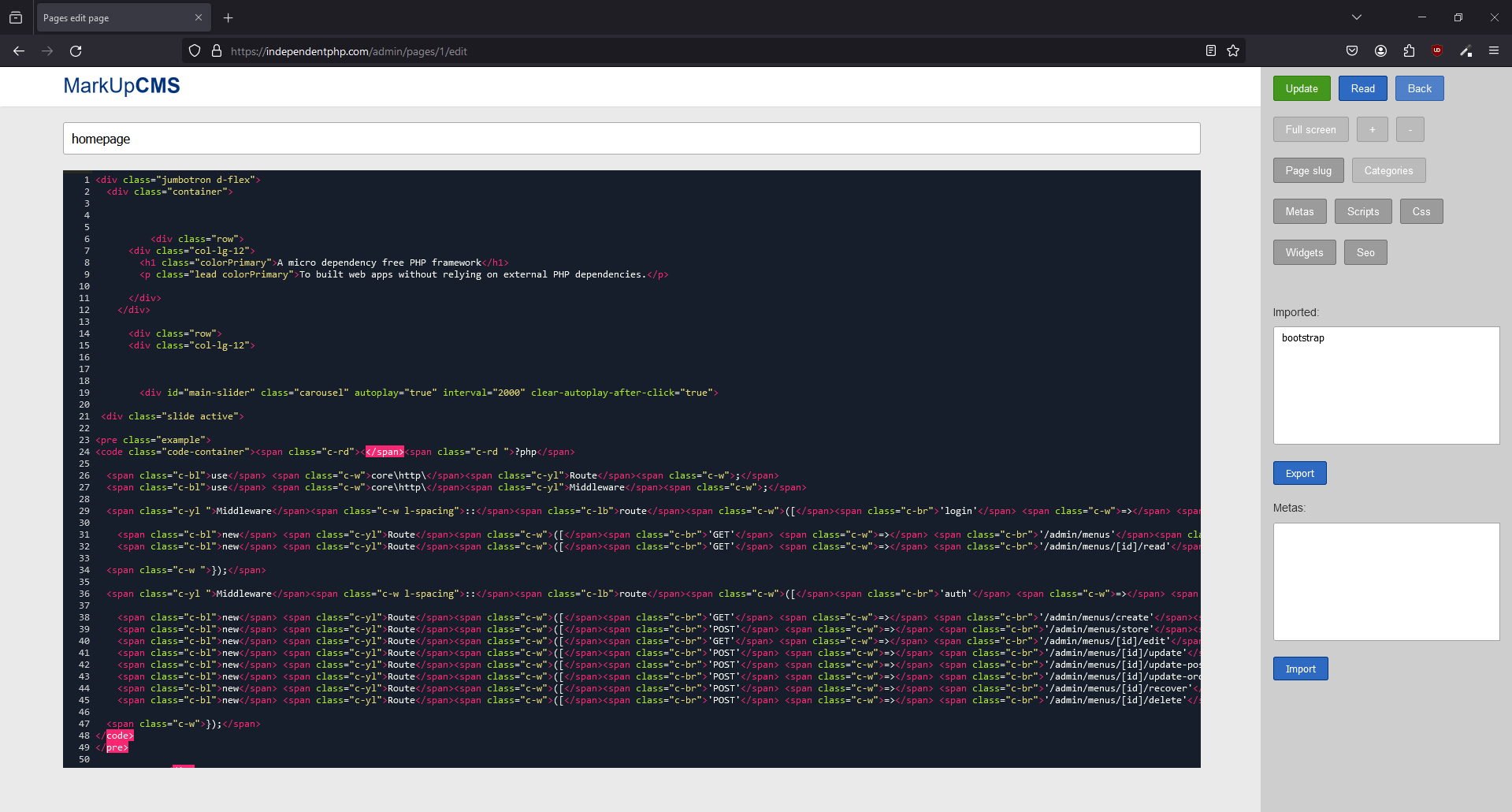 A screenshot of the pages edit page where the metas section is opened in MarkUpCMS