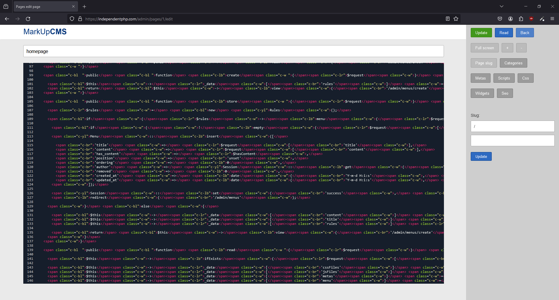 A screenshot of the pages edit page where the slug section is opened in MarkUpCMS