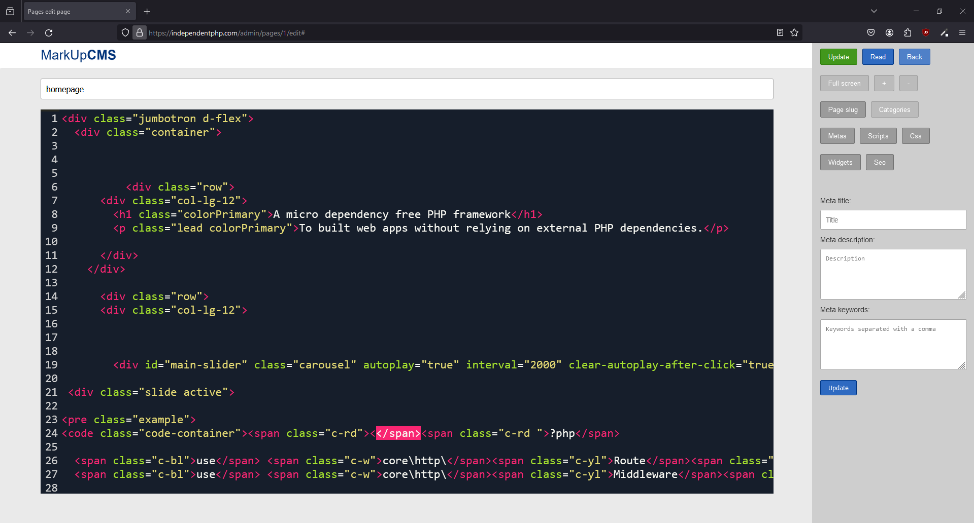 A screenshot of the pages edit page on zoom mode in MarkUpCMS