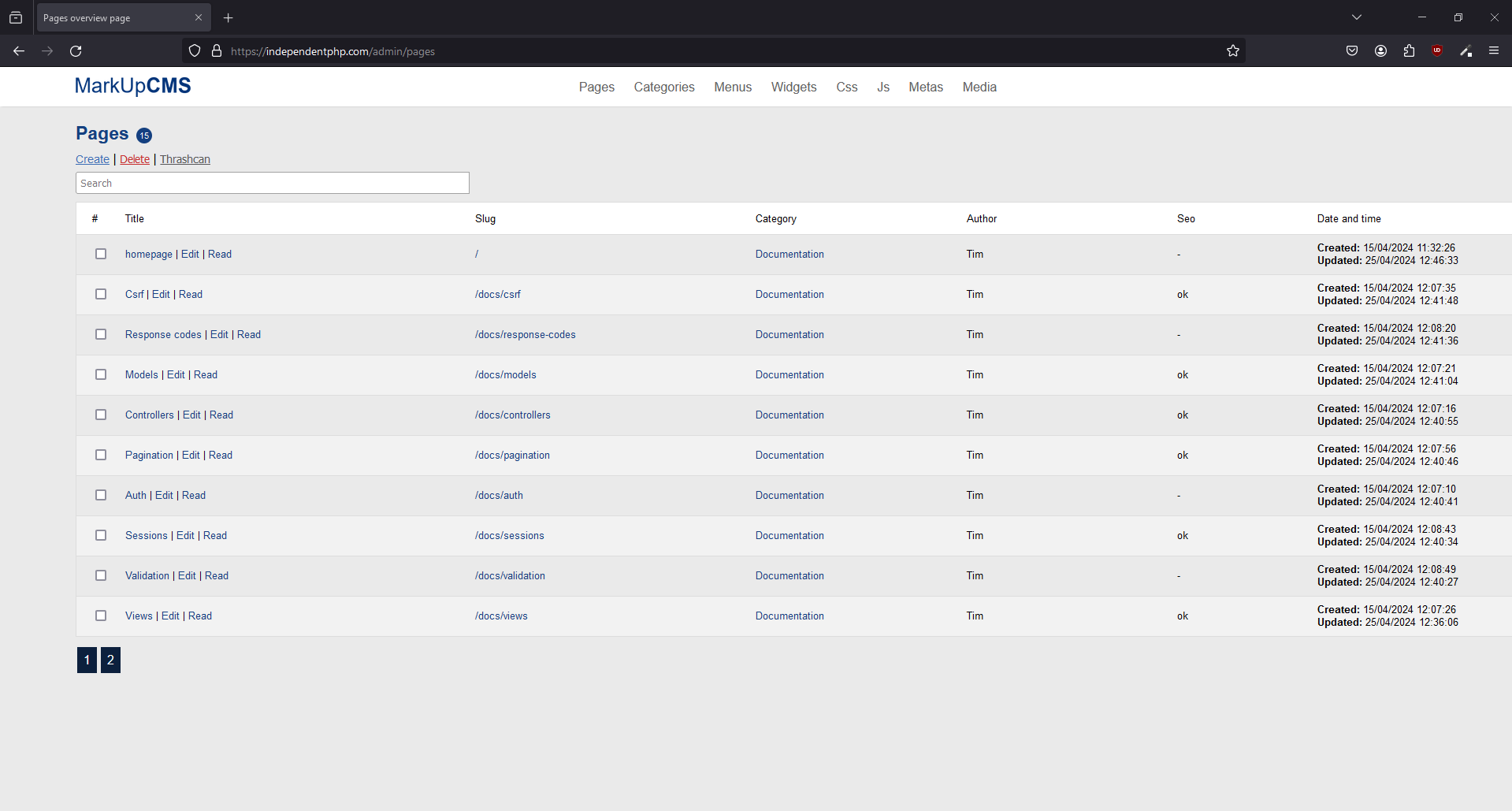 A screenshot of the pages index page in MarkUpCMS