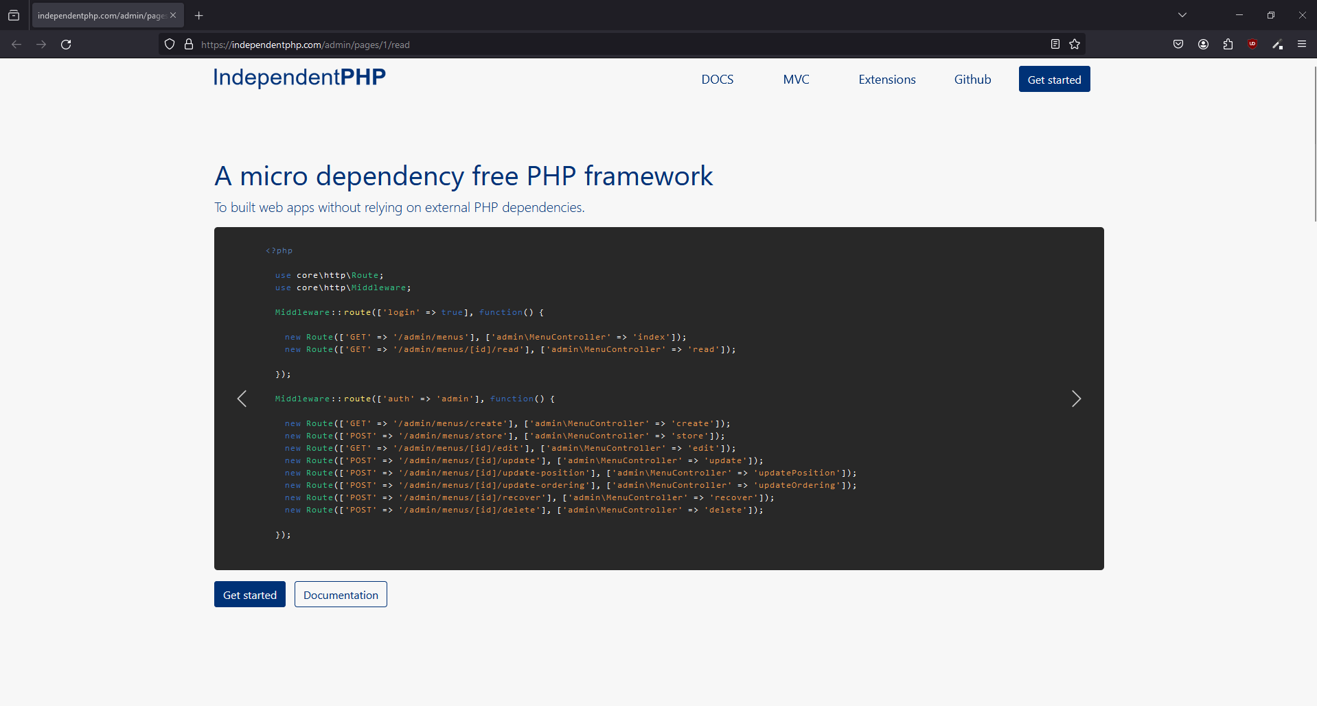 A screenshot of the pages read page in MarkUpCMS