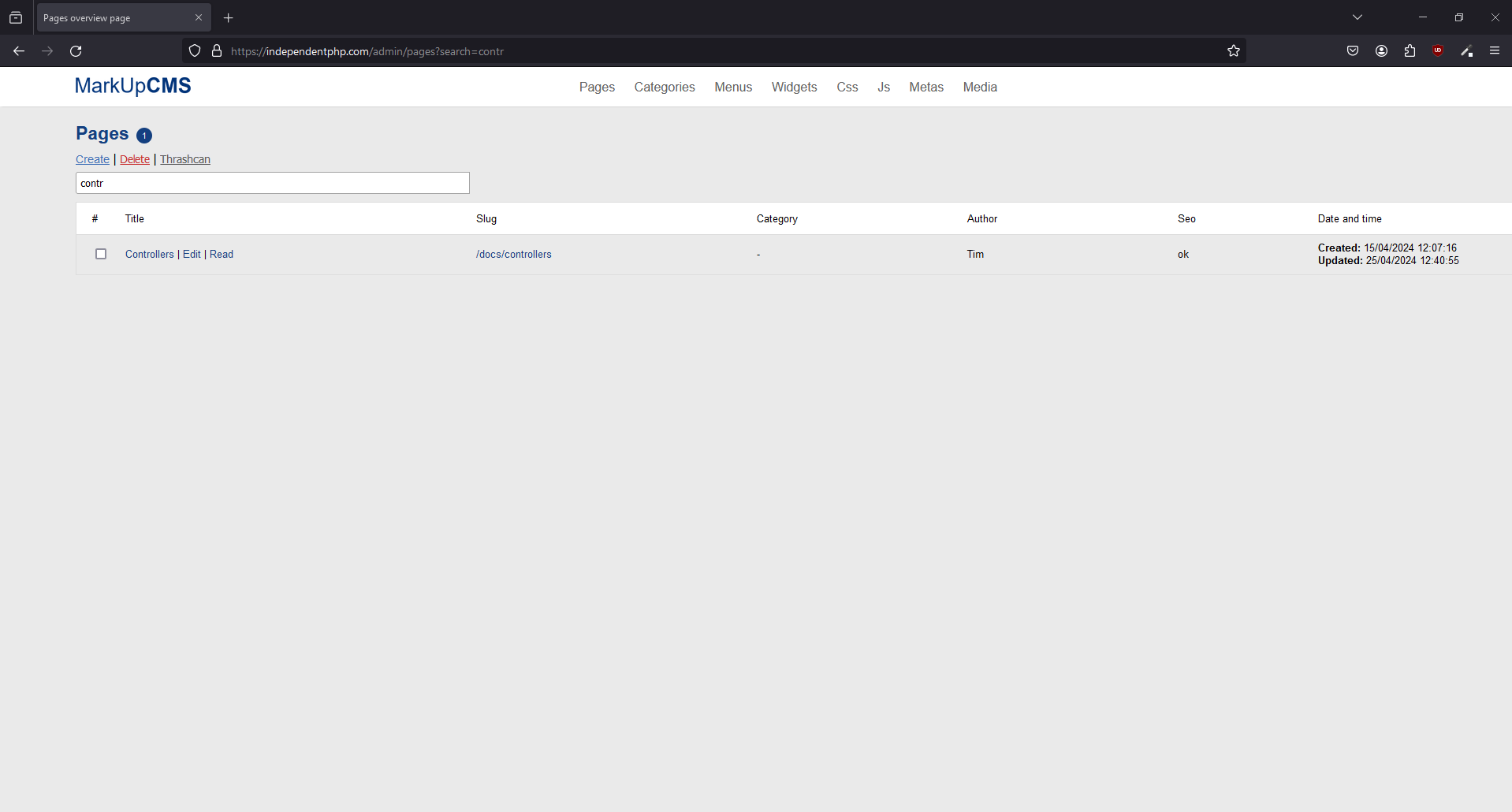 A screenshot of the pages index page where the search is being used in MarkUpCMS