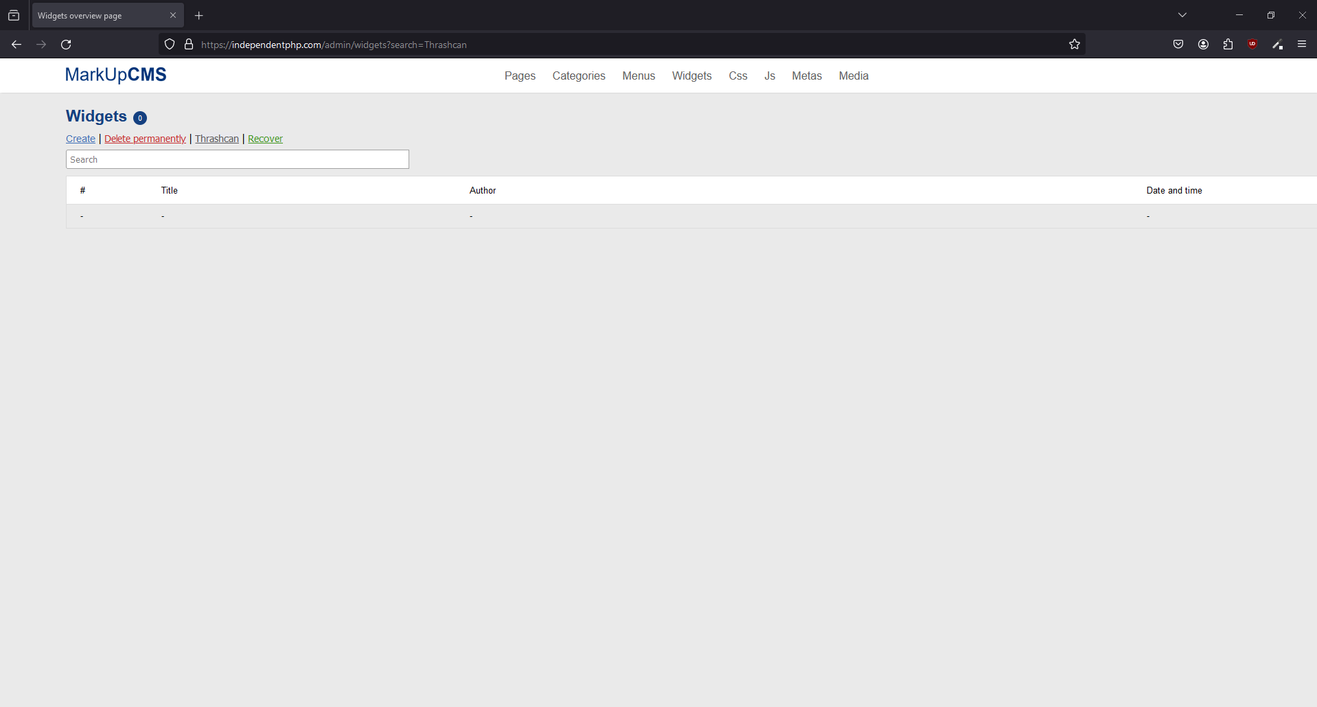 A screenshot of the widgets index page where the search is being used and the value is set to thrashcan in MarkUpCMS